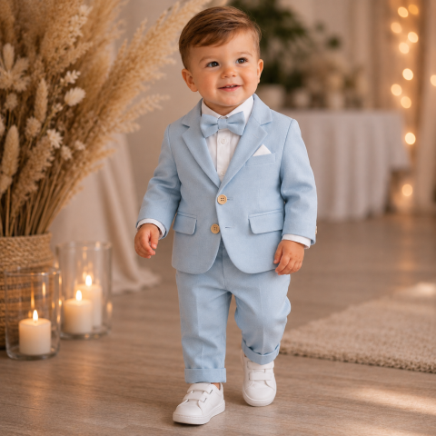 Esentiale nou-nascuti - Costum elegant bebelusi albastru cu sacou papion si pantaloni elastici cu snur