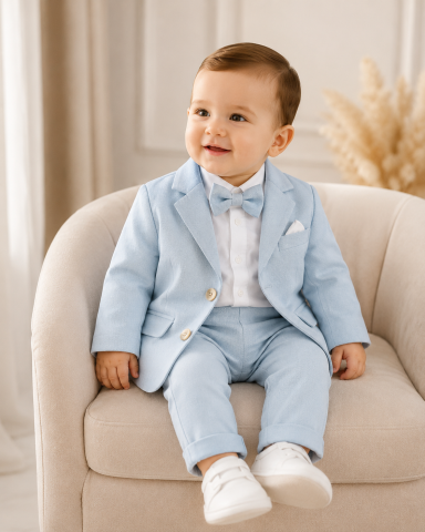Costum elegant bebelusi albastru cu sacou papion si pantaloni elastici cu snur [2]