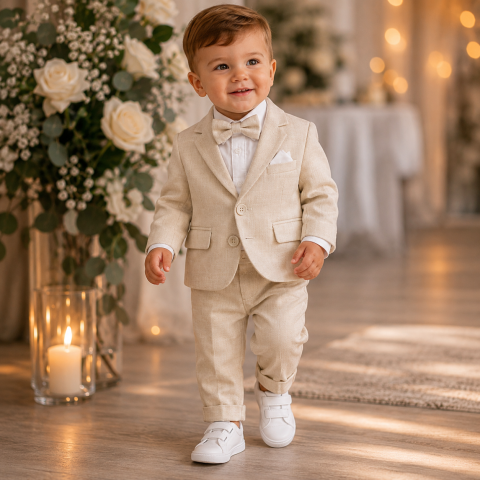 Esentiale nou-nascuti - Costum elegant bebelusi crem cu sacou papion si pantaloni elastici cu snur