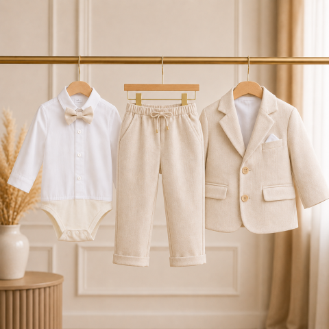 Costum elegant bebelusi crem cu sacou papion si pantaloni elastici cu snur [2]