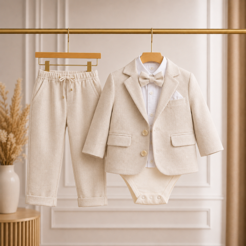 Costum elegant bebelusi crem cu sacou papion si pantaloni elastici cu snur [1]