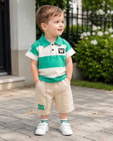 Costumas baieti 2 piese cu tricou in dungi si pantaloni crem, 6 luni - 3 ani [11]