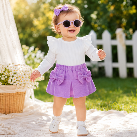 Seturi copii si bebelusi - Costumas Bebelul cu bluzita si fustita din reiat pentru fetite mov
