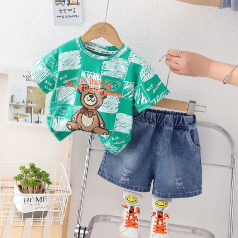 Costumase baieti - Costumas cu tricou VERDE si blugi pentru baietei - Bear