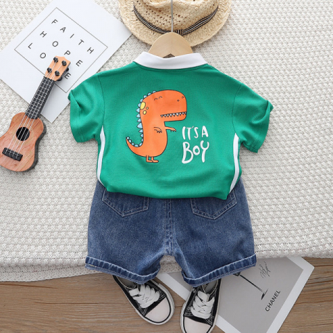 Compleu baieti cu tricou polo verde si bermude denim Dino [2]