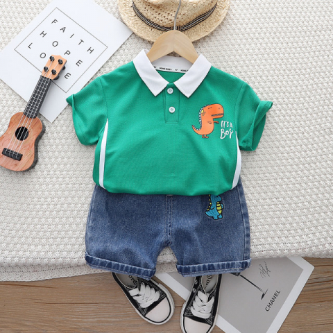 Compleu baieti cu tricou polo verde si bermude denim Dino [3]