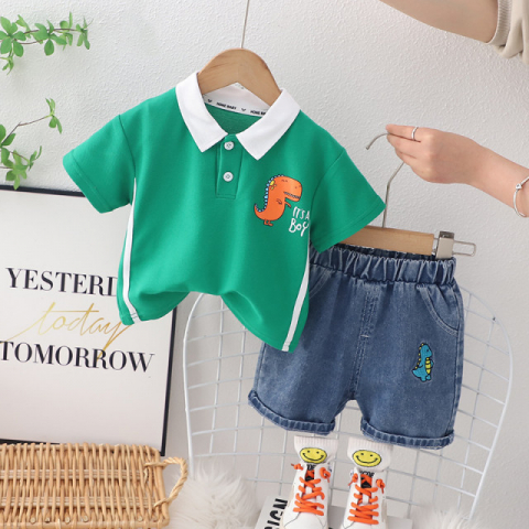 Costumase baieti - Compleu baieti cu tricou polo verde si bermude denim Dino