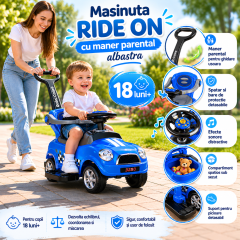 Masinuta Ride On fara pedale coupe cu maner parental albastra 18 luni+ Bebelul [0]