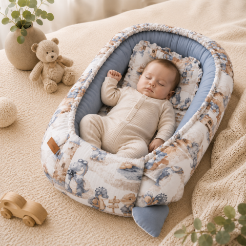 Cuibusoare - Baby Nest, Cuib bebe din muselina cu dragoni jeans 80x45 + perna 0-6 luni