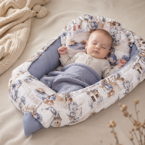 Cuibusoare - Cuib bebe din muselina cu dragoni jeans 80x45 + perna