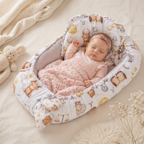 Cuibusoare - Cuib bebe din muselina zodiac gri 80x45 + perna