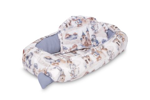 Cuibusoare - Cuib bebe din muselina cu dragoni jeans 80x45 + perna