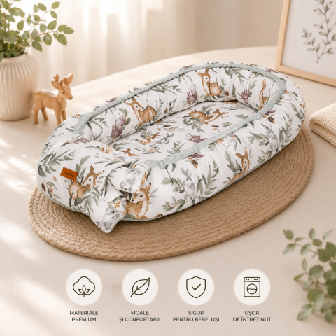 Cuibusoare - Baby Nest, Cuib Bebelusi Waffle 80x45 Deers Mint cu Pernuta