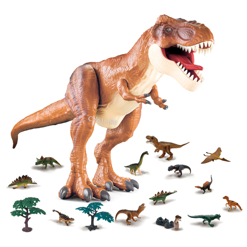 Dinozaur gigant T-Rex pe rotite, cu sunete, lumini si efect de ceata, figurine incluse, 95 cm, maro, 3 ani+ [2]