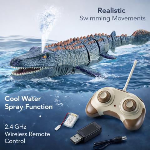 Vehicule si jucarii R/C - dinozaur-mosasaurus-rc-plutitor-telecomanda-pulverizator-apa-6ani-Bebelul