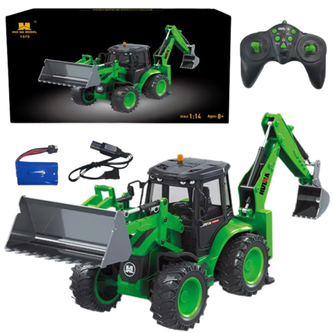 Jucarii cu telecomanda (RC) - Excavator cu telecomanda Backhoe Loader Huina Verde 1:14, 8 ani+