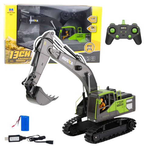 Jucarii cu telecomanda (RC) - Excavator cu telecomanda Huina 1661 pe senile Green 1:18, 8 ani+