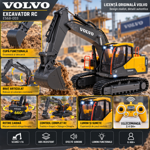 Excavator RC Volvo Double E E568-003 cu licenta, 1:16, telecomanda 2.4 GHz, rotire 660°, brat si cupa functionale, lumini si sunete, 6 ani+ [3]