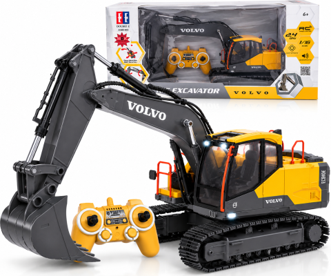 Jucarii cu telecomanda (RC) - Excavator RC Volvo Double E E568-003 cu licenta, 1:16, telecomanda 2.4 GHz, rotire 660°, brat si cupa functionale, lumini si sunete, 6 ani+