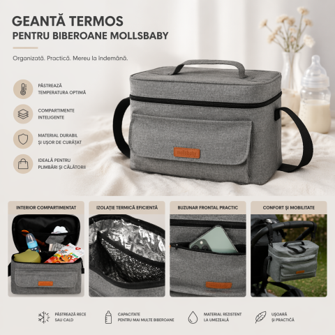 Bebe la masa - Geanta termos pentru bebelusi MollsBaby gri compartimentata