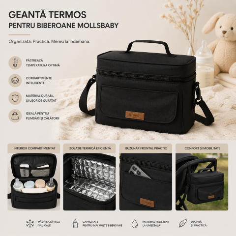 Accesorii pentru hranire - Geanta termos pentru bebelusi MollsBaby negru compartimentata