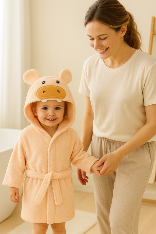 Halate de baie - Halat copii Babydo 100% bumbac, gluga hipopotam, somon, absorbant