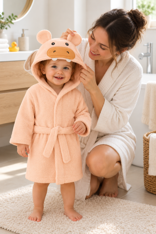 Halate de baie - Halat copii Babydo 100% bumbac, gluga hipopotam, somon, absorbant
