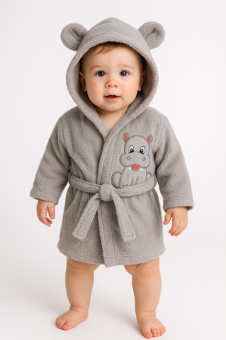 Halate de baie - Halat de Baie Bebe Gri cu Gluga si Hipopotam