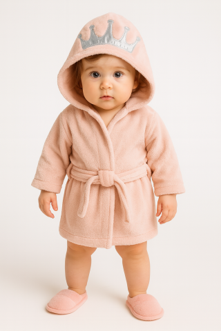 Halate de baie - Set halat si papuci Bebekevi roz cu gluga coronita – 6-12 luni