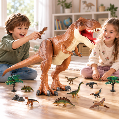 Dinozaur gigant T-Rex pe rotite, cu sunete, lumini si efect de ceata, figurine incluse, 95 cm, maro, 3 ani+ [8]