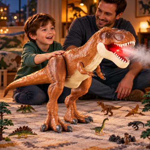 Dinozaur gigant T-Rex pe rotite, cu sunete, lumini si efect de ceata, figurine incluse, 95 cm, maro, 3 ani+ [1]