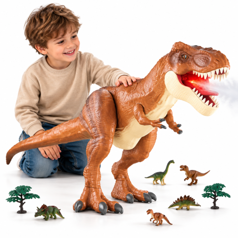 Jucarii educative si interactive - Dinozaur gigant T-Rex pe rotite, cu sunete, lumini si efect de ceata, figurine incluse, 95 cm, maro, 3 ani+