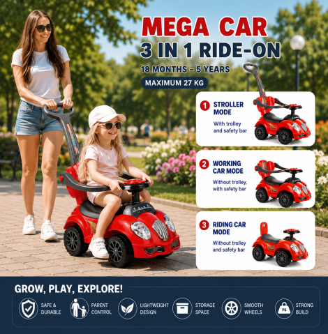 Ride-on - Masinuta copii RIDE-ON 3 in 1 Mega Car cu maner parental, bara protectie si spatiu depozitare, copertina protectie solara, rosu, 18 luni - 5 ani, max. 23 kg