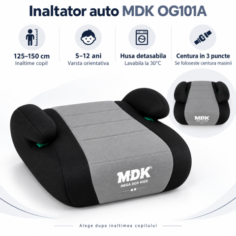 Inaltator auto copii, 125-150 cm, centura 3 puncte, husa detasabila, Gri, 5-12 ani [1]
