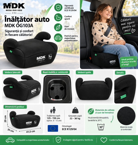 Înălțător auto copii MDK OG103A, ECE R129/04, 125-150 cm, 6-12 ani, 22-36 kg, centură 3 puncte, negru [4]