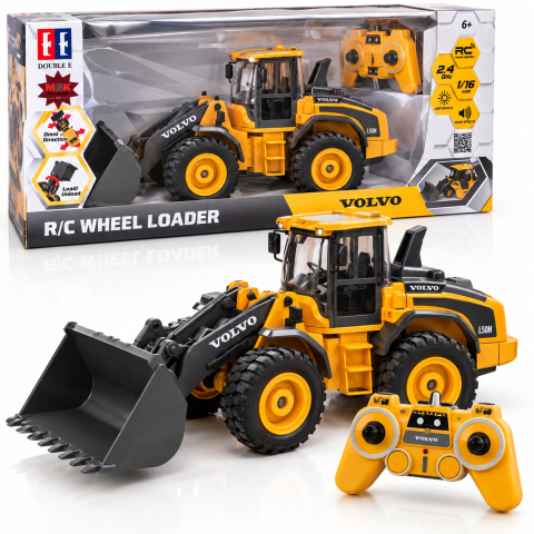 Utilaje constructii R/C - Incarcator frontal RC Volvo L50H cu licenta, Double E E569-003, 1:16, telecomanda 2.4 GHz, cupa functionala, lumini si sunete, 6 ani+