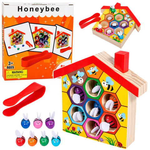 Jucarii - Joc educativ LEAN Toys stup de albine din lemn cu penseta, 7 piese 3 ani+