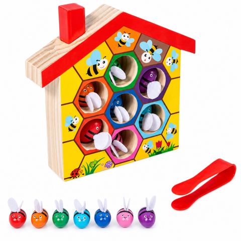 Joc educativ LEAN Toys stup de albine din lemn cu penseta, 7 piese 3 ani+ [1]