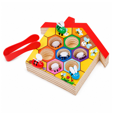 Joc educativ LEAN Toys stup de albine din lemn cu penseta, 7 piese 3 ani+ [2]