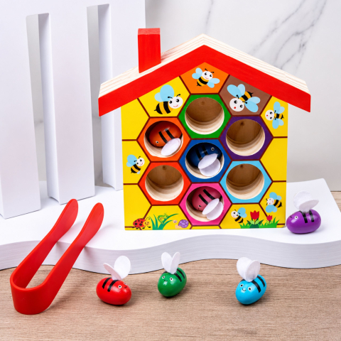 Joc educativ LEAN Toys stup de albine din lemn cu penseta, 7 piese 3 ani+ [4]