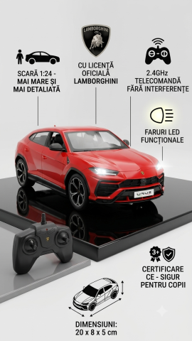 Lamborghini Urus cu Licenta Oficiala - Masinuta cu Telecomanda R/C 1:24, 2.4GHz, Lumini LED, Rosie, 3+ Ani [1]