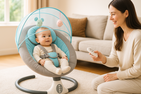 Leagan electric pentru bebelusi S-Y608 (balansoar automat 4 viteze, telecomanda, Bluetooth, melodii si husa lavabila) [4]
