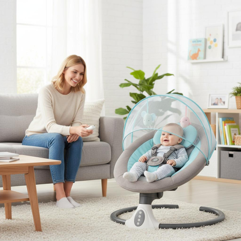 Leagan electric pentru bebelusi S-Y608 (balansoar automat 4 viteze, telecomanda, Bluetooth, melodii si husa lavabila) [2]