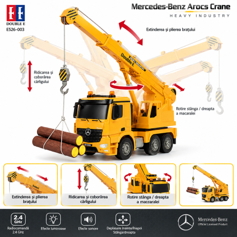 Camion cu macara RC Mercedes-Benz Arocs cu licenta, Double E E526-003, 1:20, 2.4 GHz, brat si carlig controlabile, lumini si sunete, 6 ani+ [4]