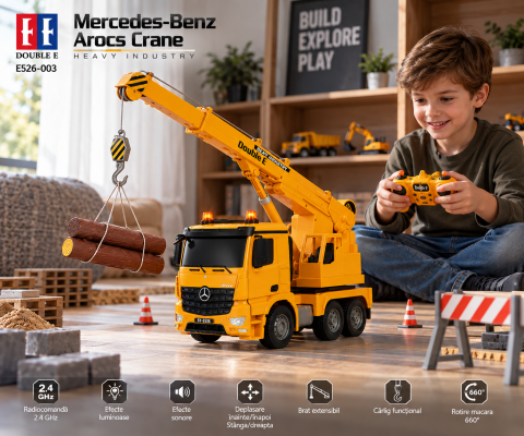 Camion cu macara RC Mercedes-Benz Arocs cu licenta, Double E E526-003, 1:20, 2.4 GHz, brat si carlig controlabile, lumini si sunete, 6 ani+ [1]