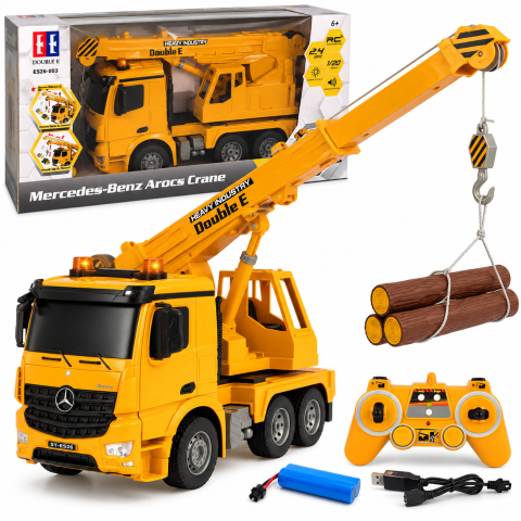 Utilaje constructii R/C - Camion cu macara RC Mercedes-Benz Arocs cu licenta, Double E E526-003, 1:20, 2.4 GHz, brat si carlig controlabile, lumini si sunete, 6 ani+