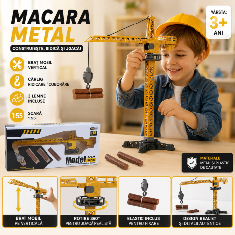 Vehicule de constructii - Macara turn metalica copii Linke Toys cu carlig mobil galbena 3+ ani