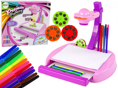 Jucarii Copii - Masa de desen cu proiector si sertar ROZ - set creativ copii 3+