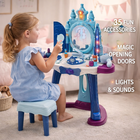 Seturi de ingrijire - Masa de toaleta interactiva Printesa cu oglinda scaun si accesorii 35 piese