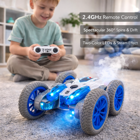 Masinute R/C - Masina cascadorii telecomandata RC cu lumini fum drift 360° albastra